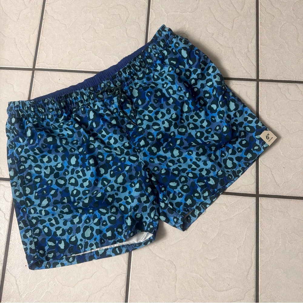 No Boundaries Men's Elastic Waist Swim Trunks 6" Inseam Blue Cheetah 3XL (48-50